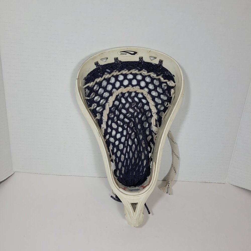 Brine Offset Lacrosse Head White with Blue Mesh Strung